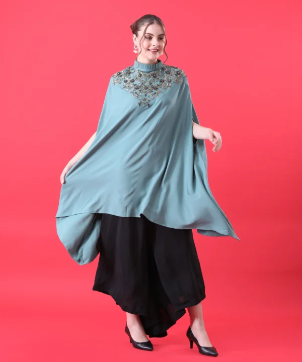 Teal Green Cape Top with Hand Embroidery - Image 4