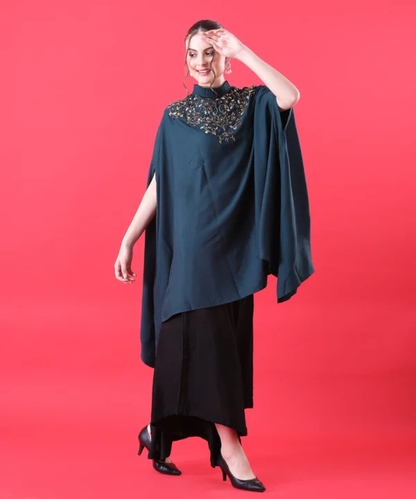 Bottle Green Cape Top with Hand Embroidery - Image 4