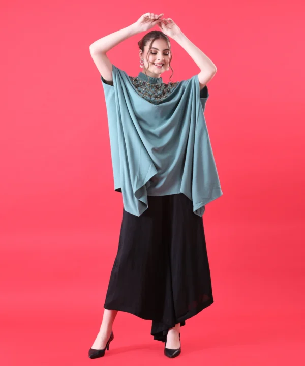 Teal Green Cape Top with Hand Embroidery - Image 2