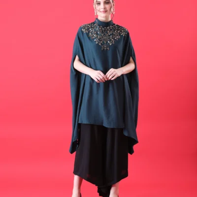 Bottle Green Cape Top with Hand Embroidery
