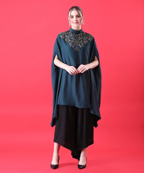 Bottle Green Cape Top with Hand Embroidery