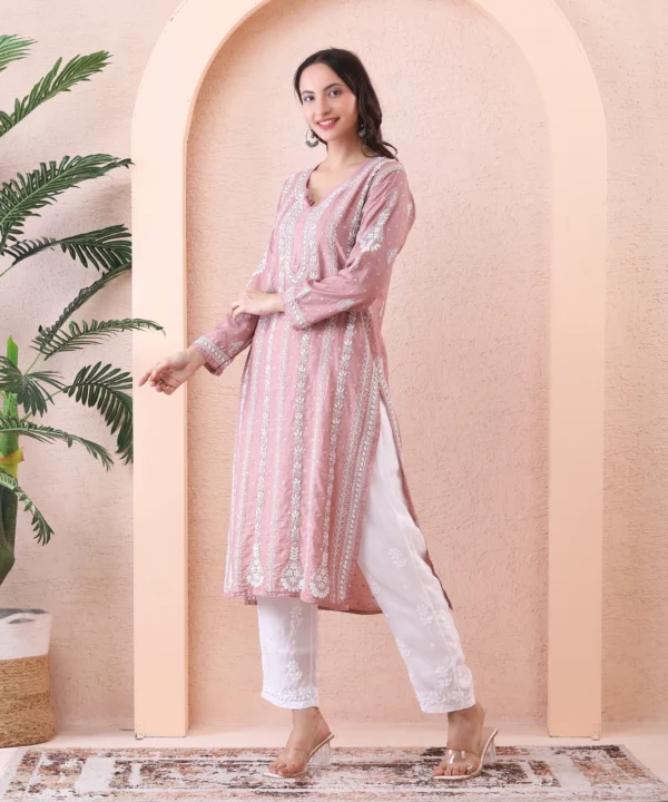 Brown Chanderi Kurti with Chikan Embroidery - Image 4