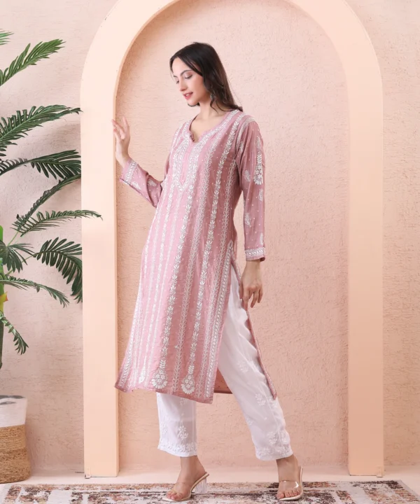 Brown Chanderi Kurti with Chikan Embroidery - Image 3