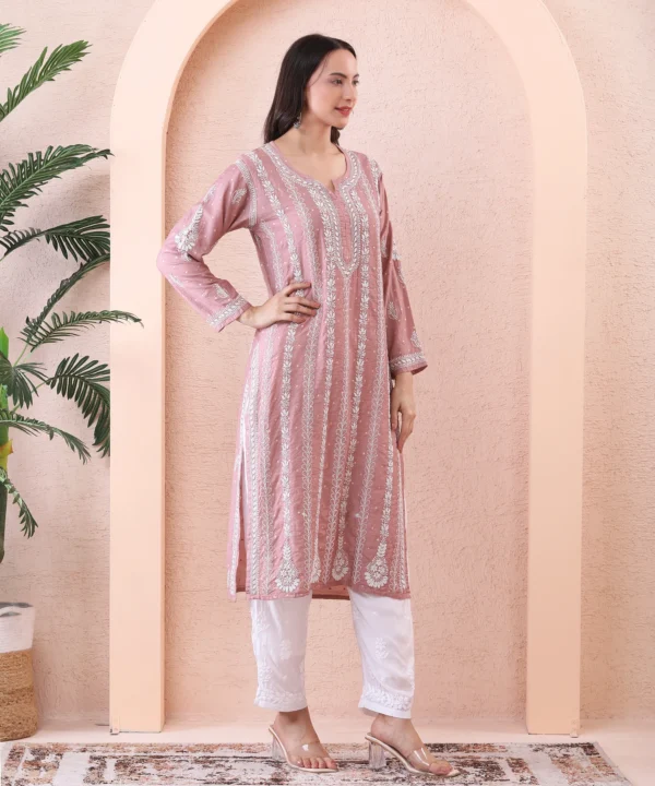 Brown Chanderi Kurti with Chikan Embroidery - Image 2