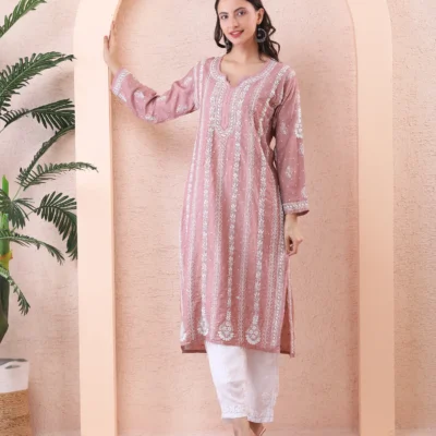 Brown Chanderi Kurti with Chikan Embroidery