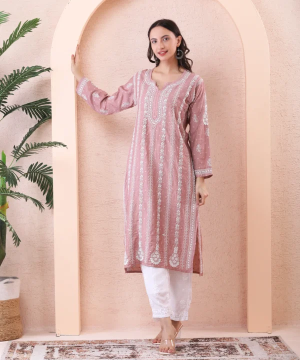 Brown Chanderi Kurti with Chikan Embroidery