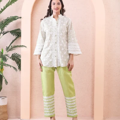 Cord Set Printed Handloom Cotton Green