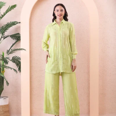 Co-ord Set Ikkat Mulmul Cotton Pastel Green