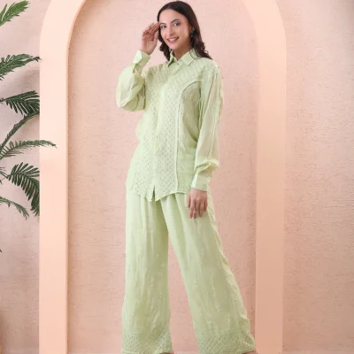 Co-ord Set Mulmul Pastel Green