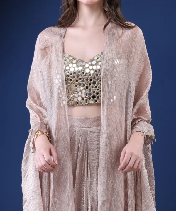 Crushed Tissue Cape Set with Mirror Embellished Silk - Image 3