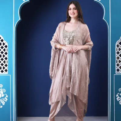 Crushed Tissue Cape Set with Mirror Embellished Silk