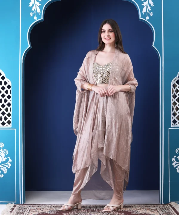 Crushed Tissue Cape Set with Mirror Embellished Silk