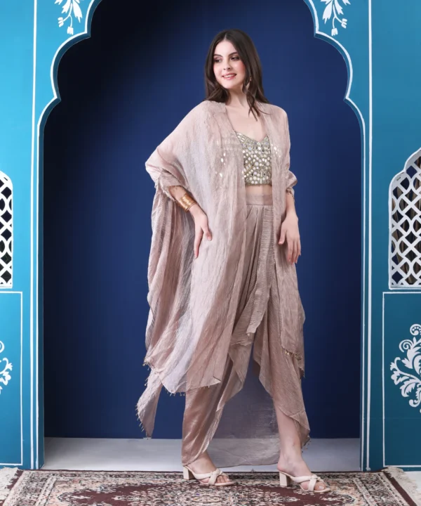 Crushed Tissue Cape Set with Mirror Embellished Silk - Image 4