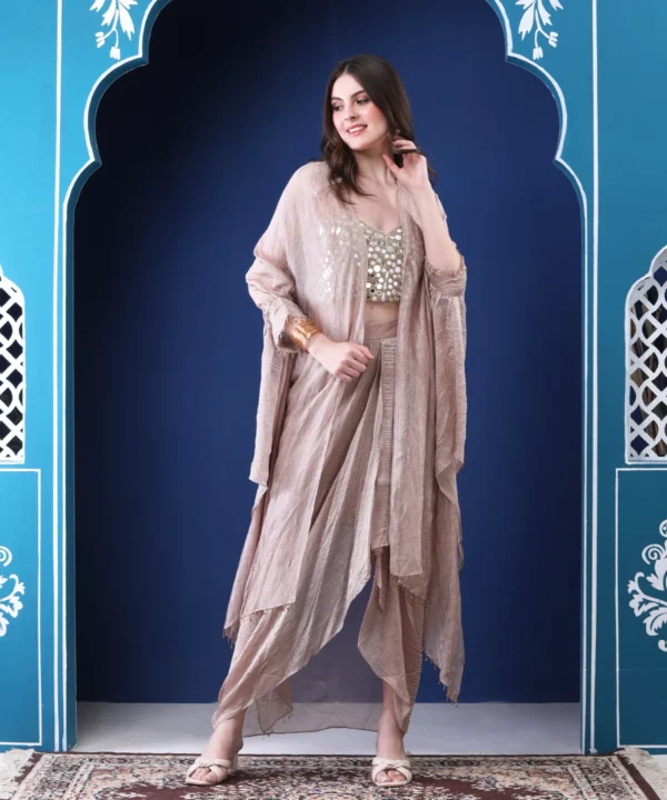 Crushed Tissue Cape Set with Mirror Embellished Silk - Image 5