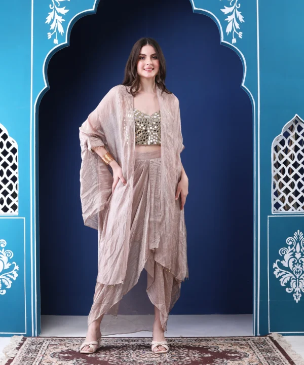 Crushed Tissue Cape Set with Mirror Embellished Silk - Image 2