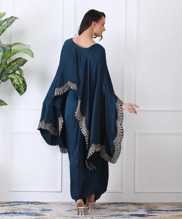 Dark Turquoise Satin Cape Cord Set with Detailed Embroidered - Image 5