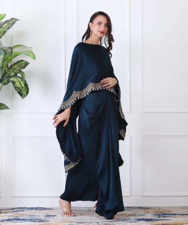 Dark Turquoise Satin Cape Cord Set with Detailed Embroidered - Image 4