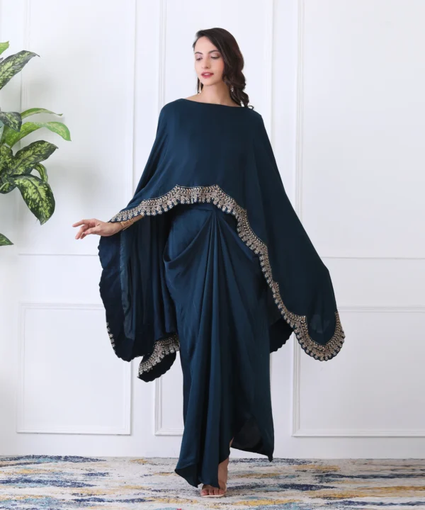 Dark Turquoise Satin Cape Cord Set with Detailed Embroidered - Image 3
