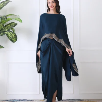 Dark Turquoise Satin Cape Cord Set with Detailed Embroidered