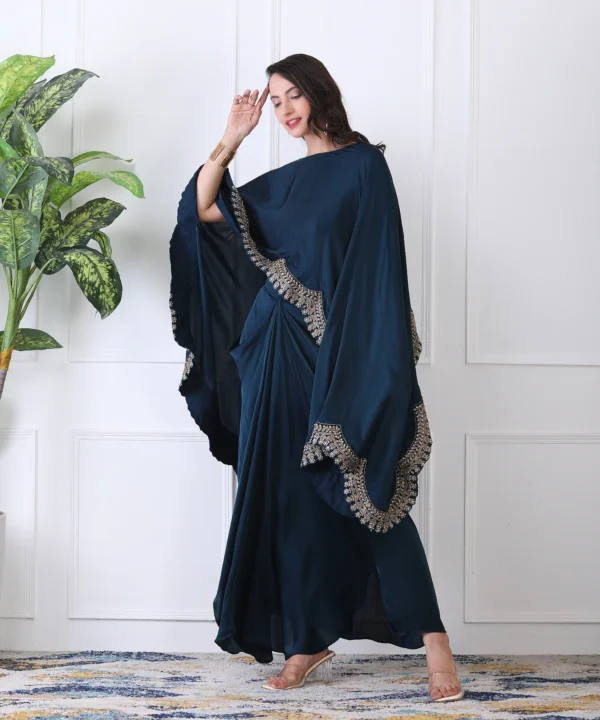 Dark Turquoise Satin Cape Cord Set with Detailed Embroidered - Image 2