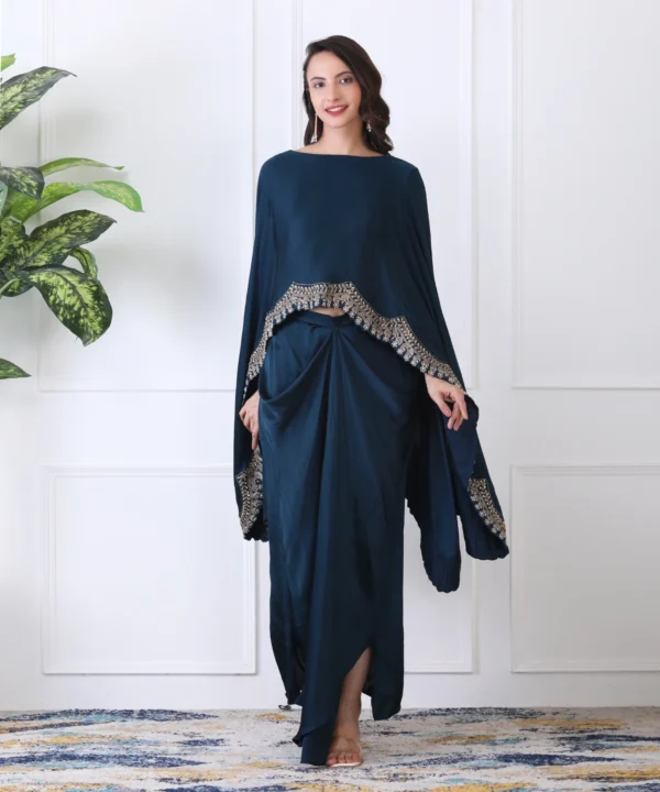 Dark Turquoise Satin Cape Cord Set with Detailed Embroidered