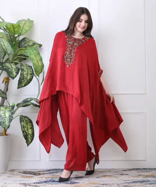 Red Kaftan Coord Set in with Stone - Image 3