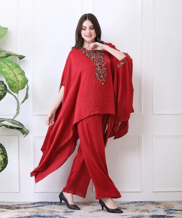 Red Kaftan Coord Set in with Stone - Image 5