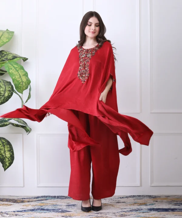 Red Kaftan Coord Set in with Stone - Image 6