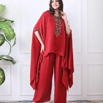 Red Kaftan Coord Set in with Stone