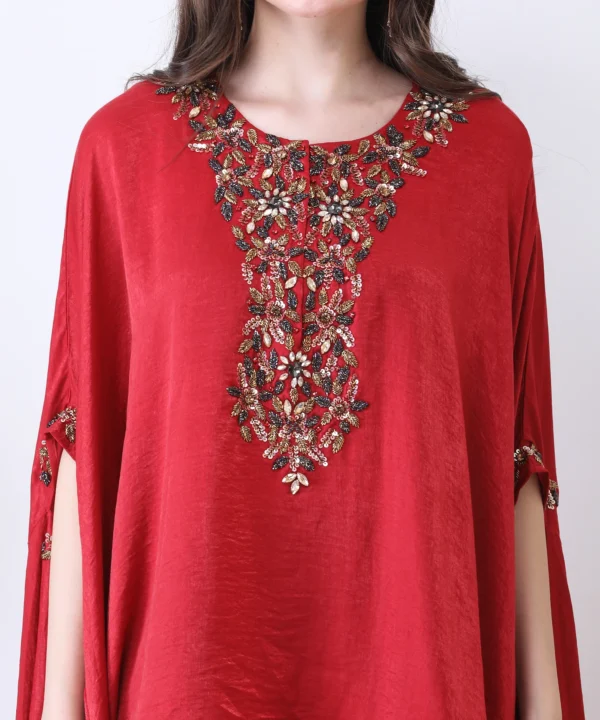Red Kaftan Coord Set in with Stone - Image 2