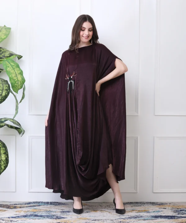 Wine Kaftan Dress with Hand Embroidered - Image 3