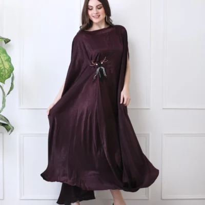 Wine Kaftan Dress with Hand Embroidered