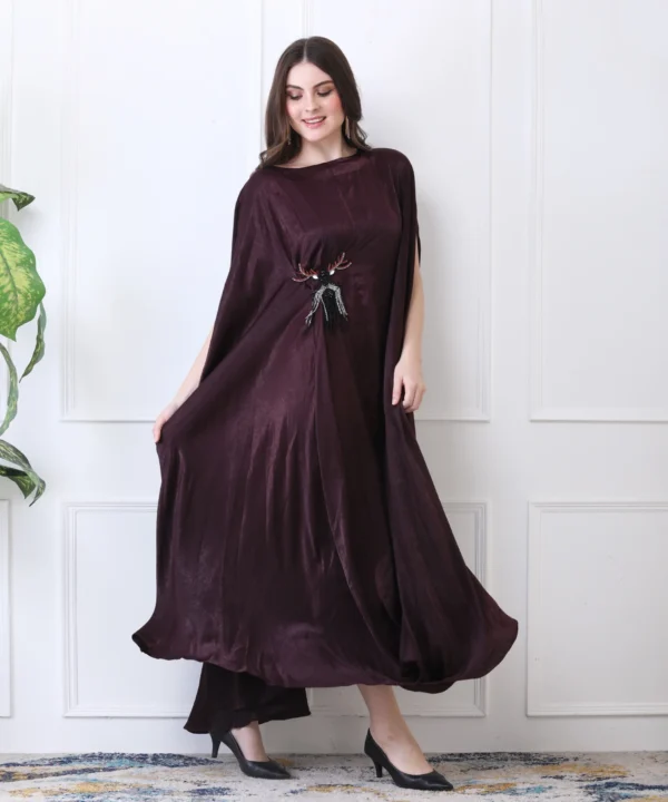 Wine Kaftan Dress with Hand Embroidered