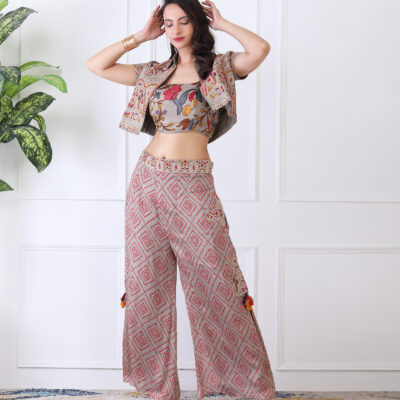 Gray 3 Piece Chiffon Co-ord Set with Sequin Embroidered