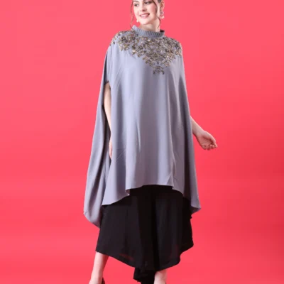 Gray Cape Top with Hand Embroidery