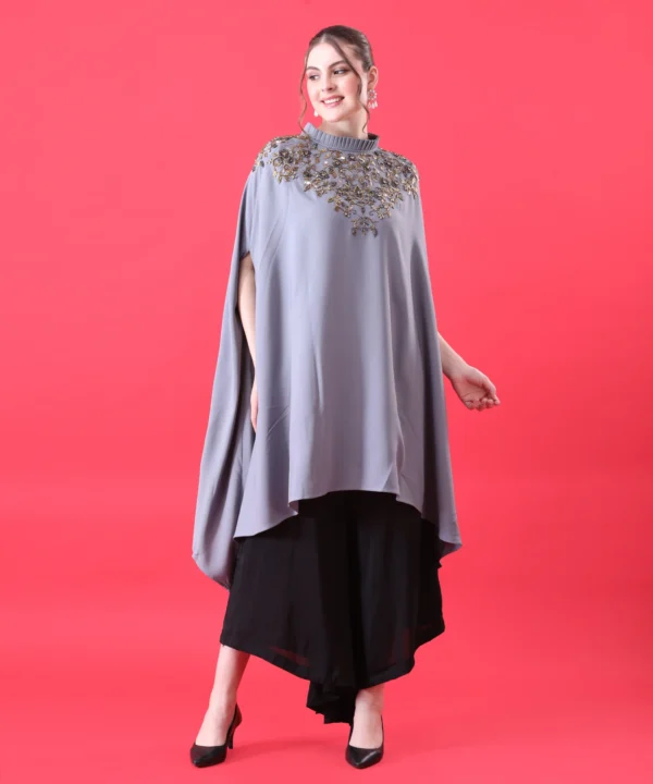 Gray Cape Top with Hand Embroidery