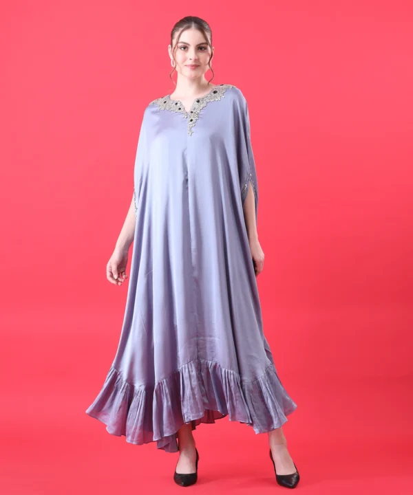 Gray Kaftan Dress in Imported Chinnon with Metallic Stone - Image 2