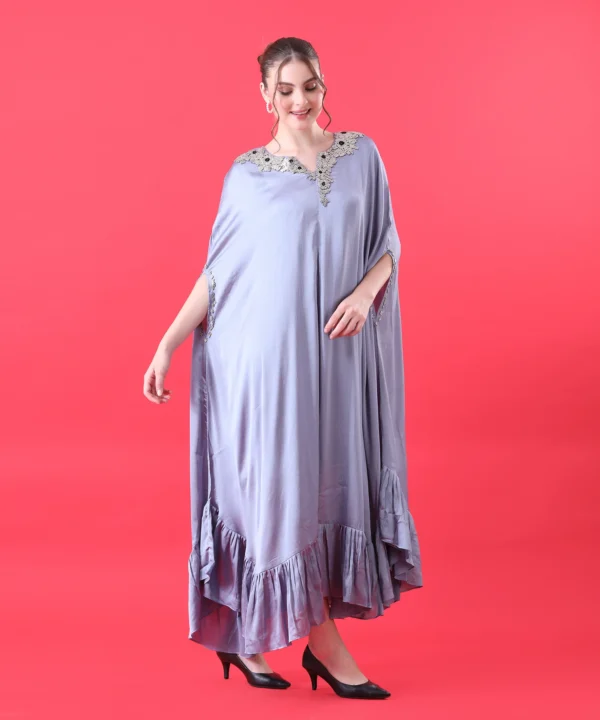 Gray Kaftan Dress in Imported Chinnon with Metallic Stone - Image 3