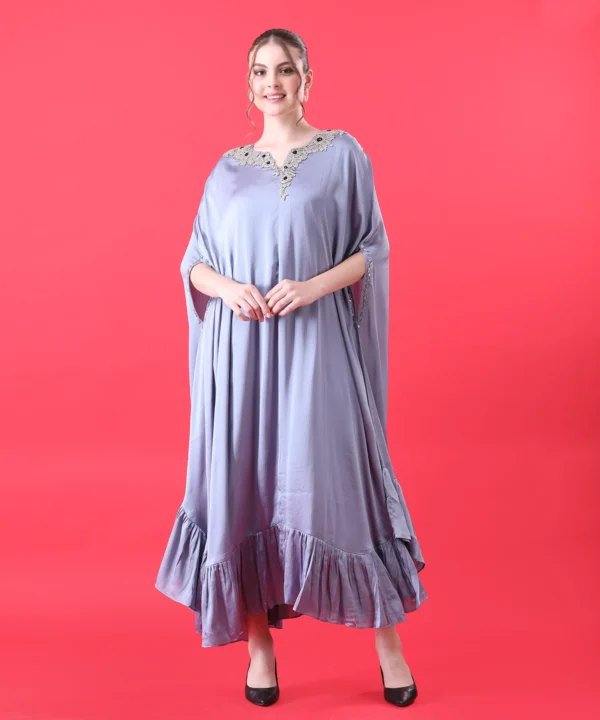 Gray Kaftan Dress in Imported Chinnon with Metallic Stone - Image 4
