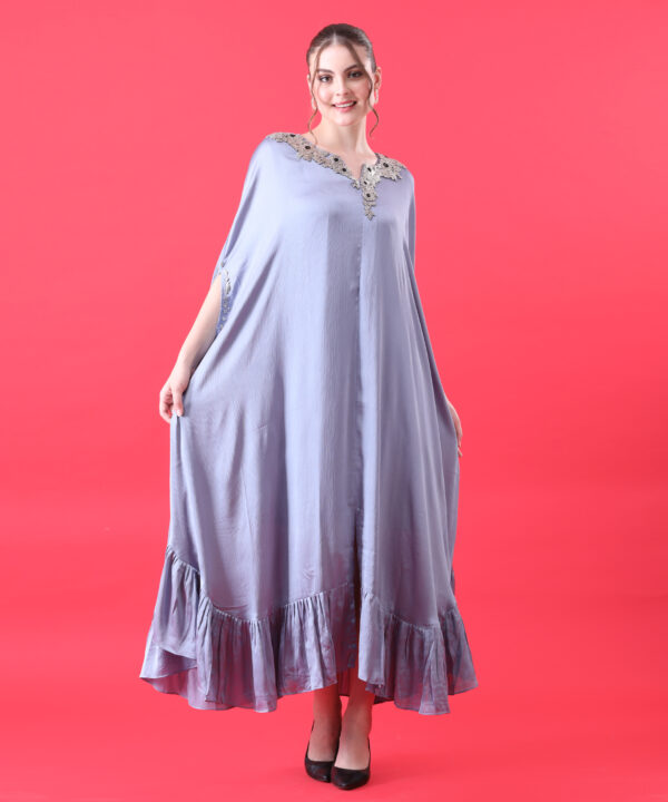 Gray Kaftan Dress in Imported Chinnon with Metallic Stone - Image 5