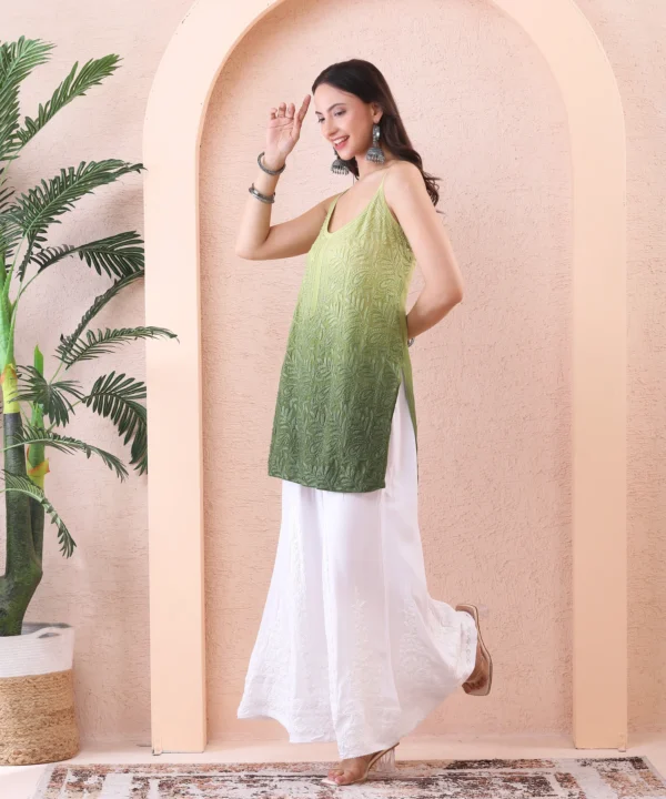 Green Ombre Short Kurti with Chikan Embroidery - Image 3
