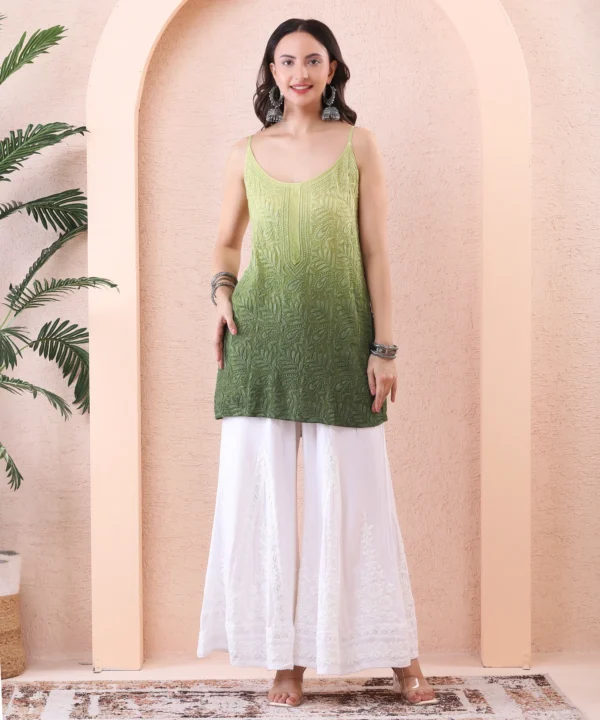 Green Ombre Short Kurti with Chikan Embroidery