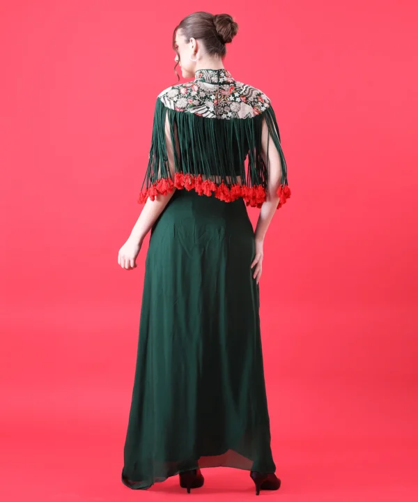 Green Silk Cape Set with Zardozi Thread Handwork - Image 3