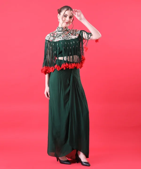 Green Silk Cape Set with Zardozi Thread Handwork - Image 4