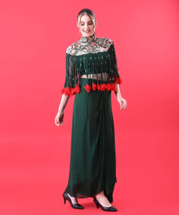 Green Silk Cape Set with Zardozi Thread Handwork - Image 5