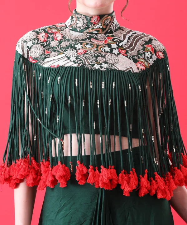 Green Silk Cape Set with Zardozi Thread Handwork - Image 2