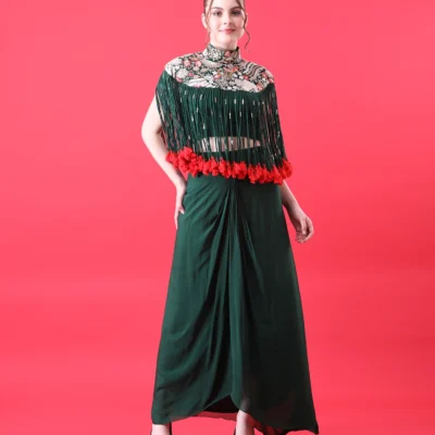 Green Silk Cape Set with Zardozi Thread Handwork