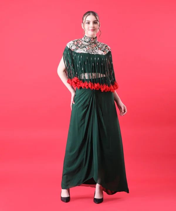 Green Silk Cape Set with Zardozi Thread Handwork