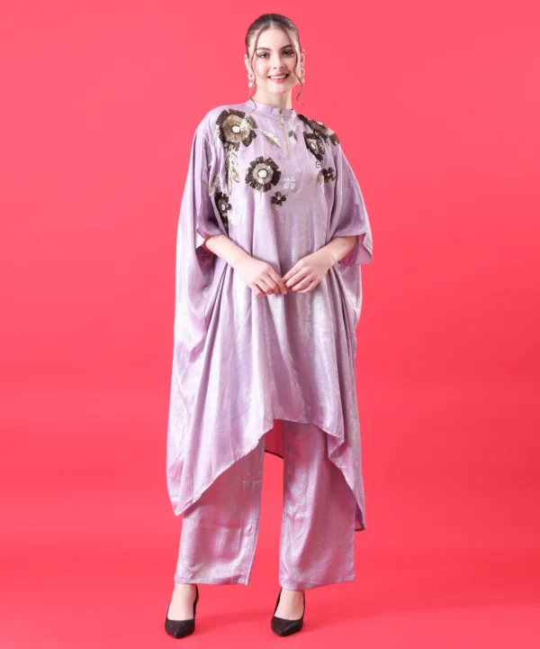 Kaftan Co-ord Set summer Georgette Suit in Lavender Color - Image 2