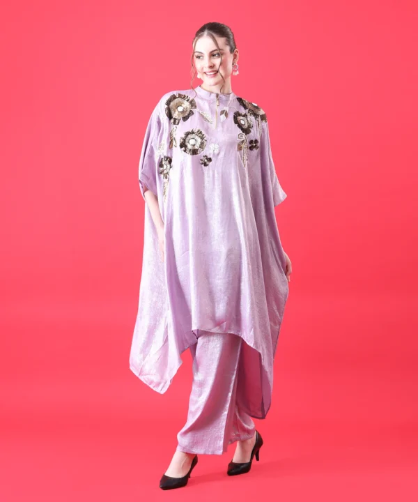 Kaftan Co-ord Set summer Georgette Suit in Lavender Color - Image 3